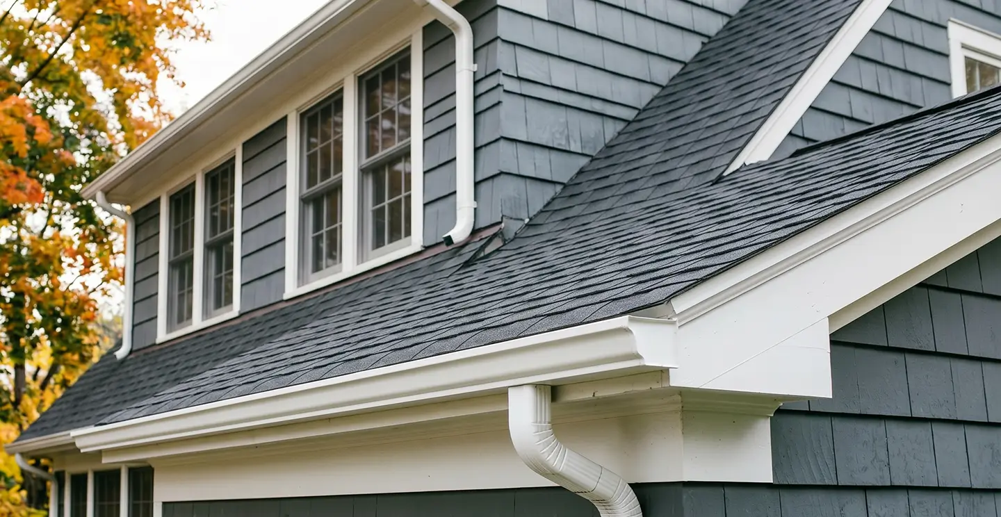 A close-up of a house exterior with dark gray shingles and white gutters. The siding is gray with white trim. Autumn leaves are visible in the background.