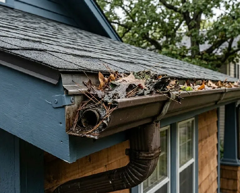 A house's rain gutter overflowing with leaves and debris, attached to a dark blue roof. The scene suggests a need for cleaning and maintenance.