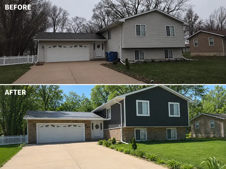 Split image showing a home's exterior makeover. Top: beige siding, plain lawn. Bottom: modern dark siding, stone accents, landscaped yard.