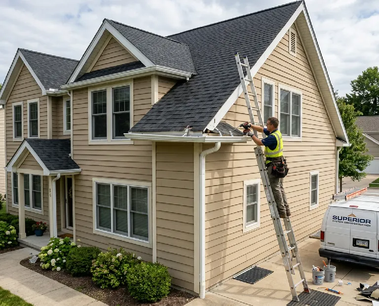 A worker on a ladder repairs the gutter of a tan two-story house with a dark roof. A van labeled "Superior" is parked nearby. The scene is calm and organized.