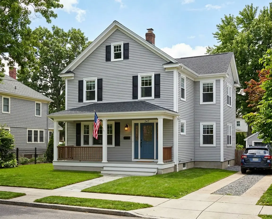 A two-story gray house with white trim and black shutters, featuring a small front porch with an American flag. The yard is green, with a driveway on the right.