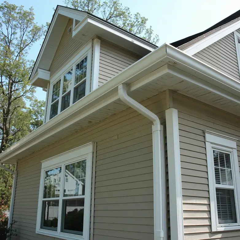 New gutter installation on a classic house, wide shot showing the full exterior with gutter system along the roofline, complete view of the residential home with freshly installed gutters and downspouts, traditional architecture