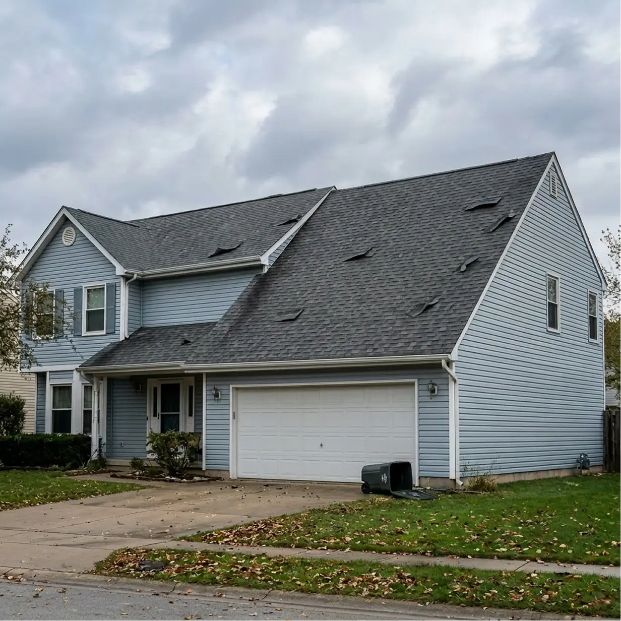 A light blue two-story house with a double garage shows roof damage, as shingles are missing. A tipped trash bin lies on the driveway, under a cloudy sky.