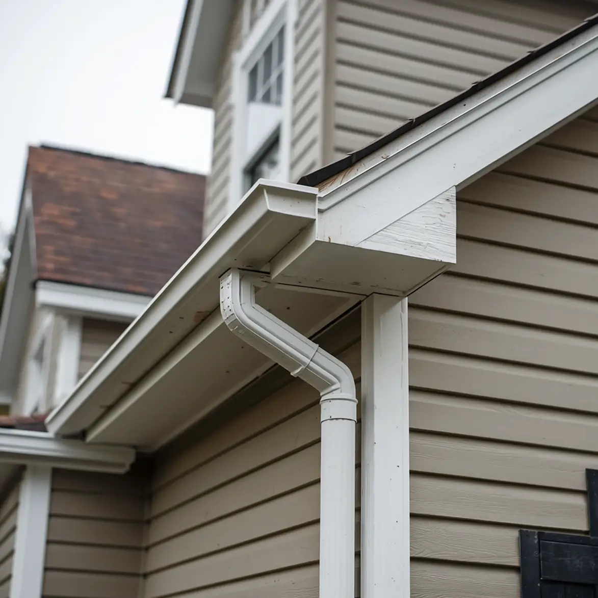White gutters and downspouts on the corner of a beige clapboard house. The roof is brown, and windows are visible in the upper background.